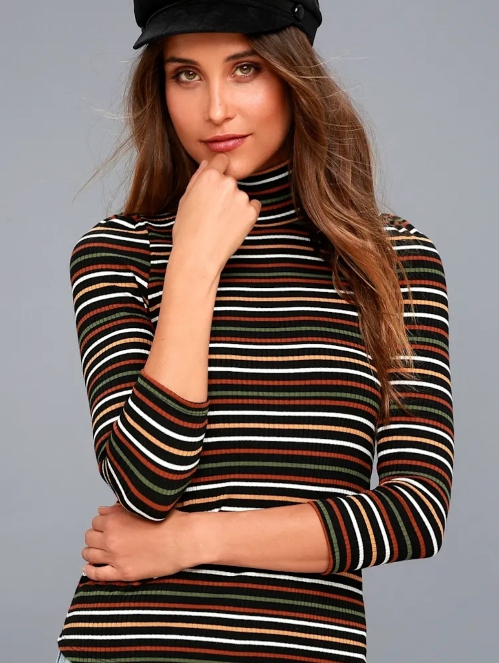 Free People I'm Cute Black Striped Turtleneck Top L